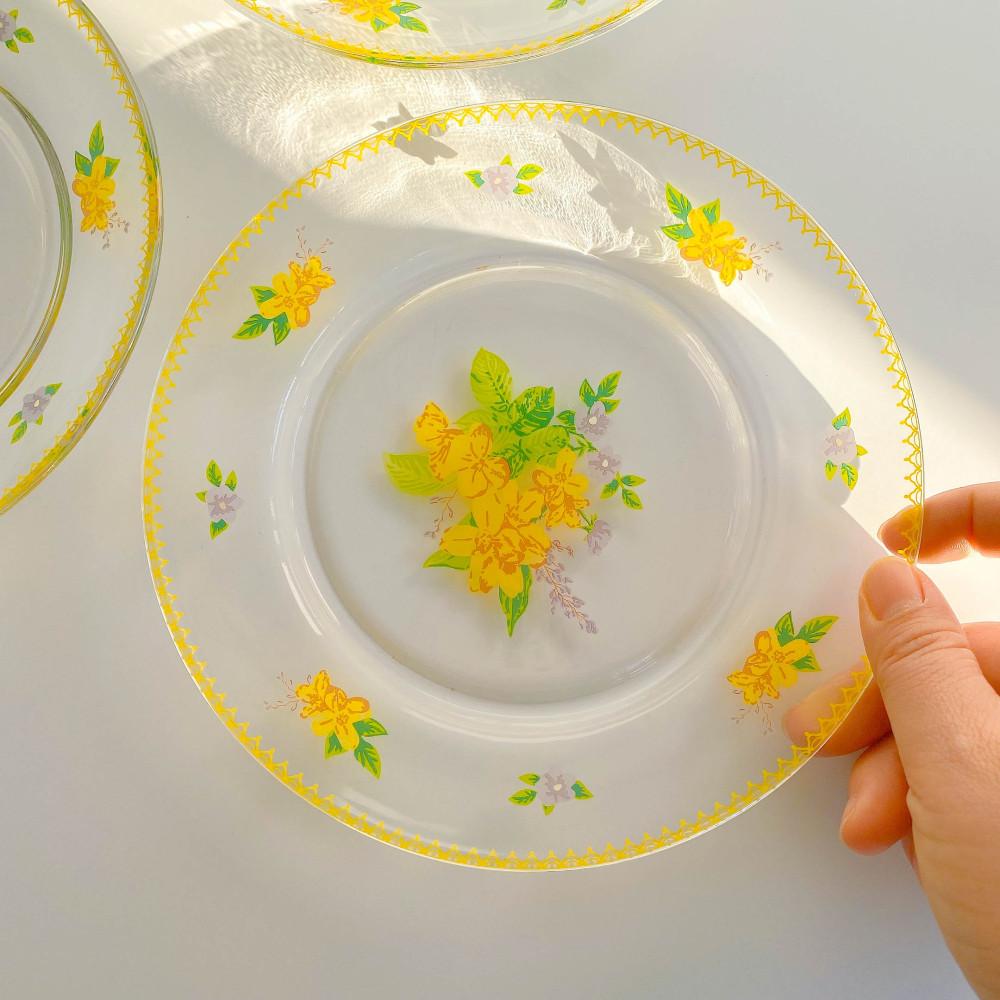 나이스로망 레트로 플라워 접시 유리 플레이트 19cm 유리플레이팅 투명접시 그릇