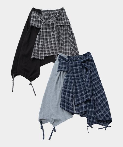 체크 언발란스 타이 업 스트랩 플레어 레이어드 미디 랩 스커트 _ 2COLOR
