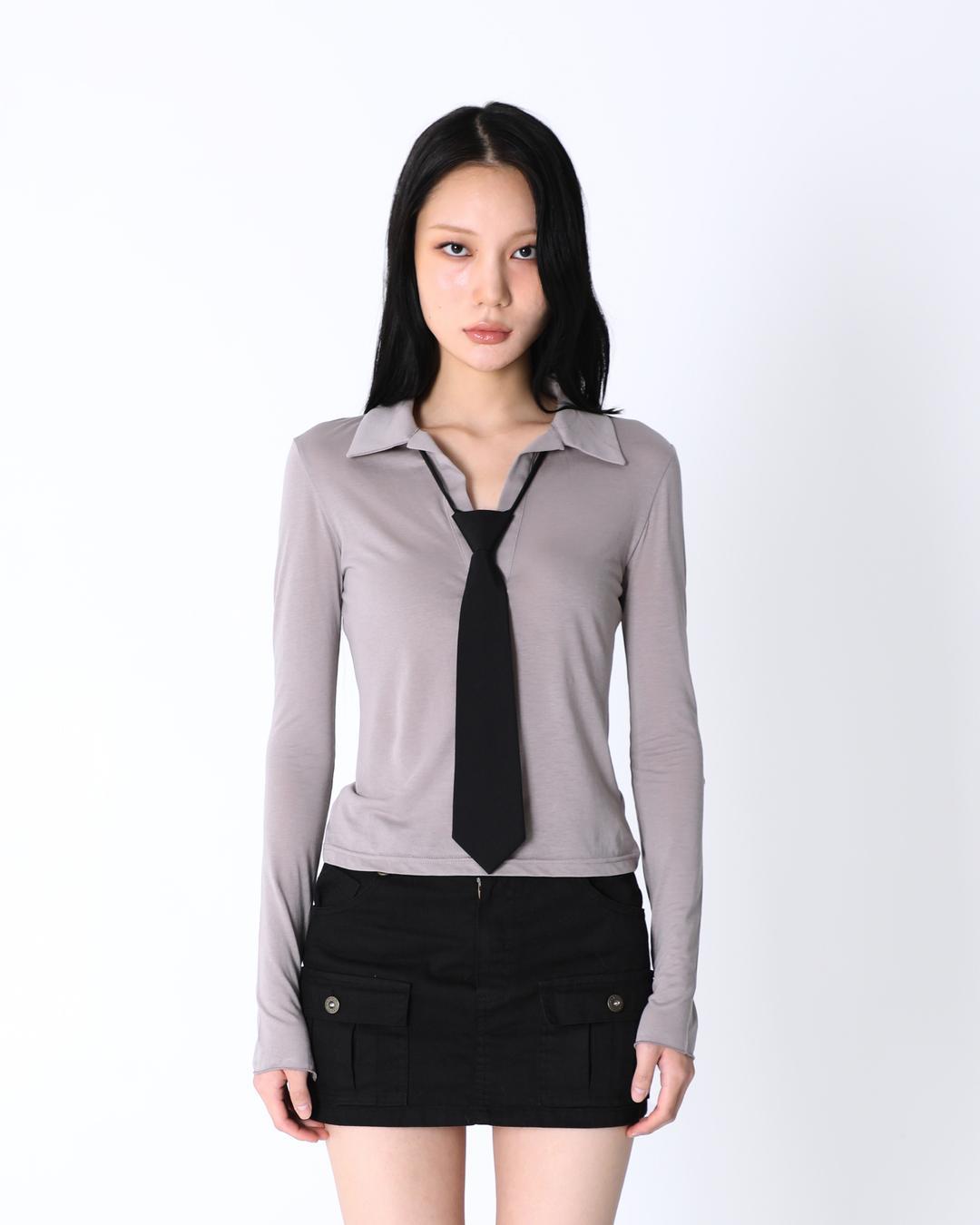 COLLAR LONG SLEEVE TOP [GREY]