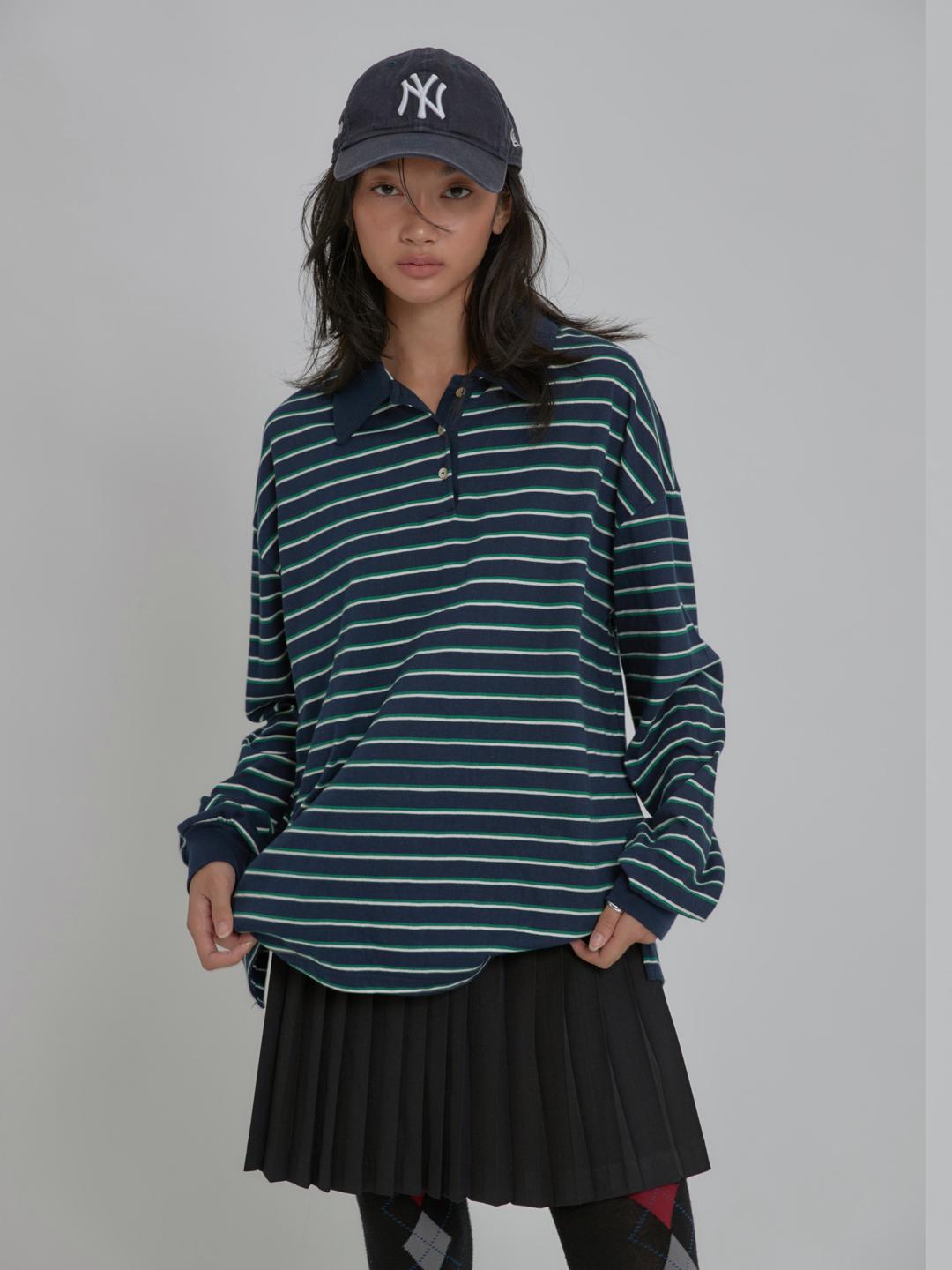 Overfit Stripe PK Shirt Navy