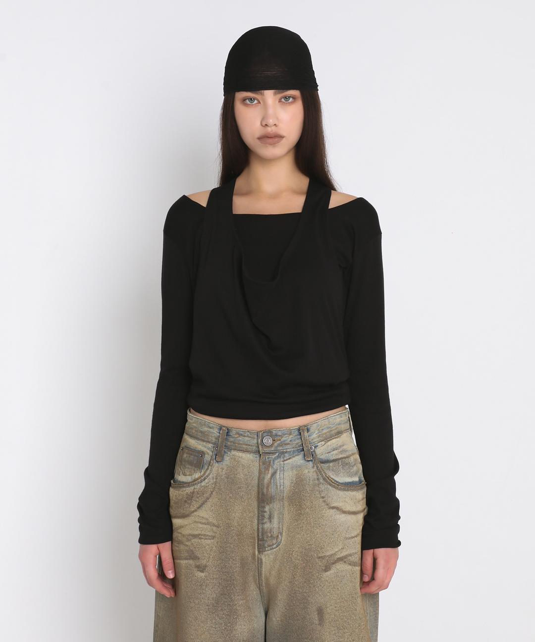 DRAPED HALTER LAYERED LONG SLEEVE T-SHIRT_BLACK