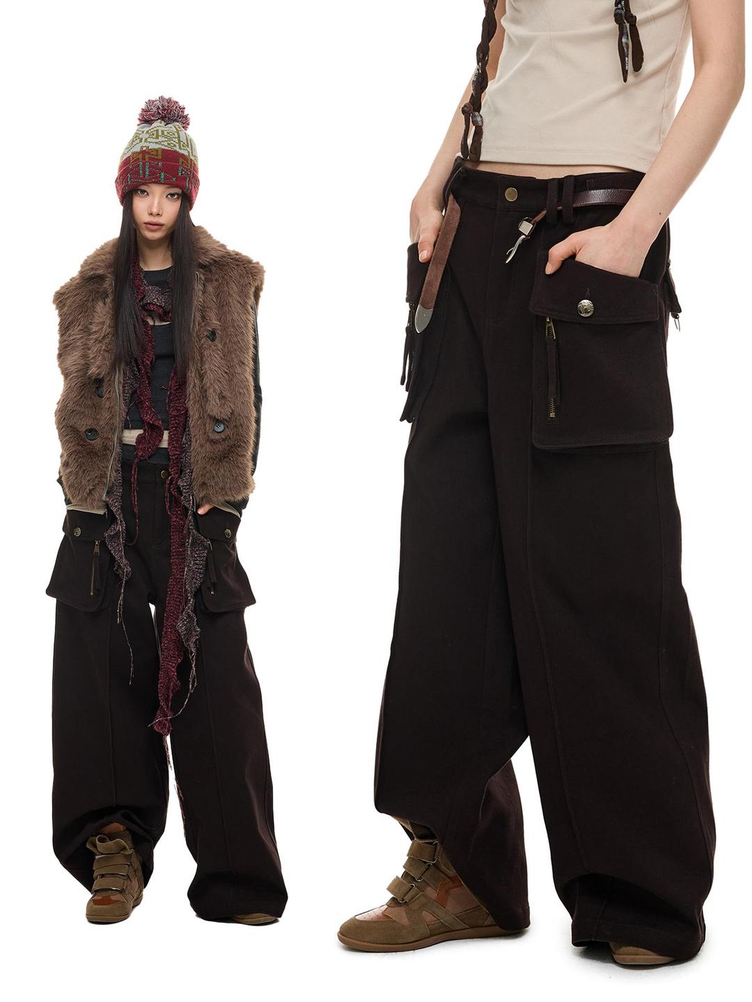 빈티지 디자인 포켓 중허리 와이드 루즈핏 캐주얼 팬츠