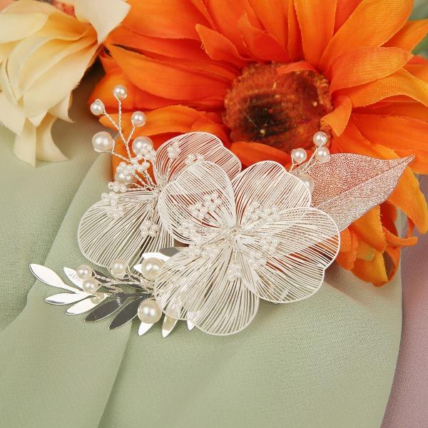 화이트 꽃 진주 실버 집게 헤어핀
