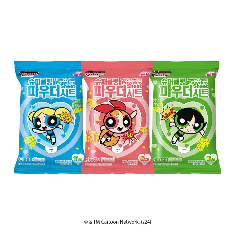 [파워퍼프걸 에디션] 미스사사 슈퍼쿨링 파우더시트 15매 5개 (클린솝, 플로럴, 레몬그라스 택 1)