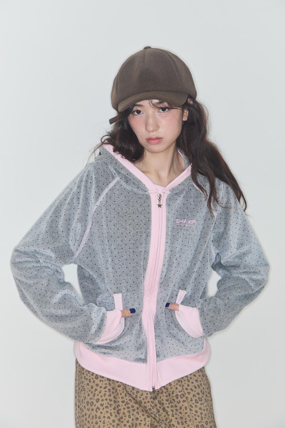 TERRY DOT RAGLAN HOODIE (GREY / PINK)