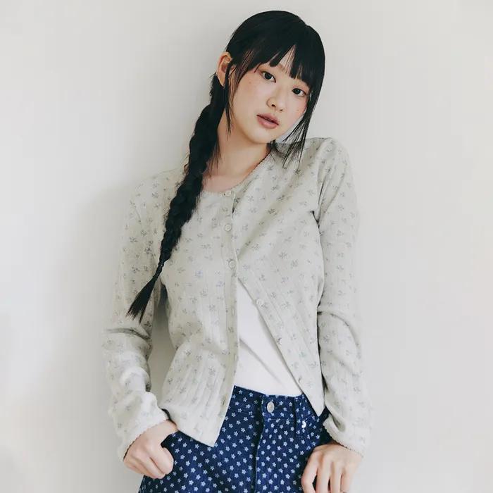 EYELET LONG SLEEVE FLOWER CARDIGAN_OATMEAL