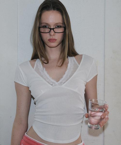 Amelia Lace Halter Short Sleeve Top (Ivory)