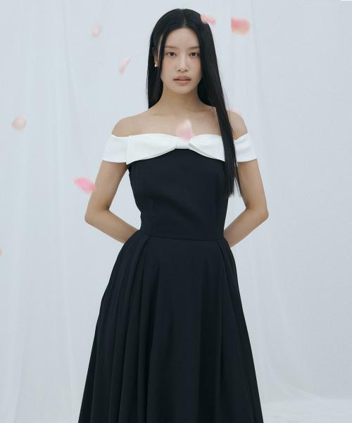 Ribbon Trim Off-Shoulder Dress (black)