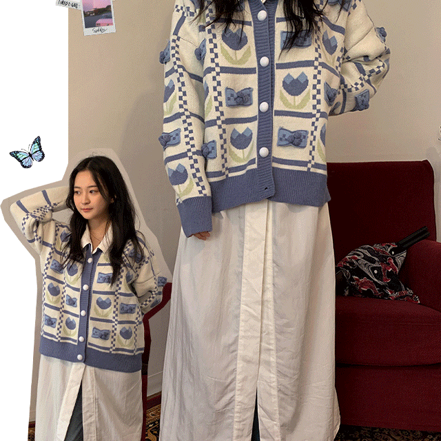 Tulip heart blue knit cardigan