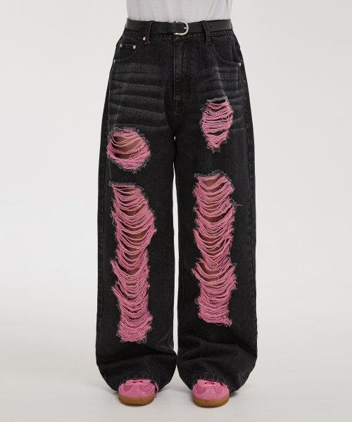 컬러 디스트로이드 데님 팬츠 블랙