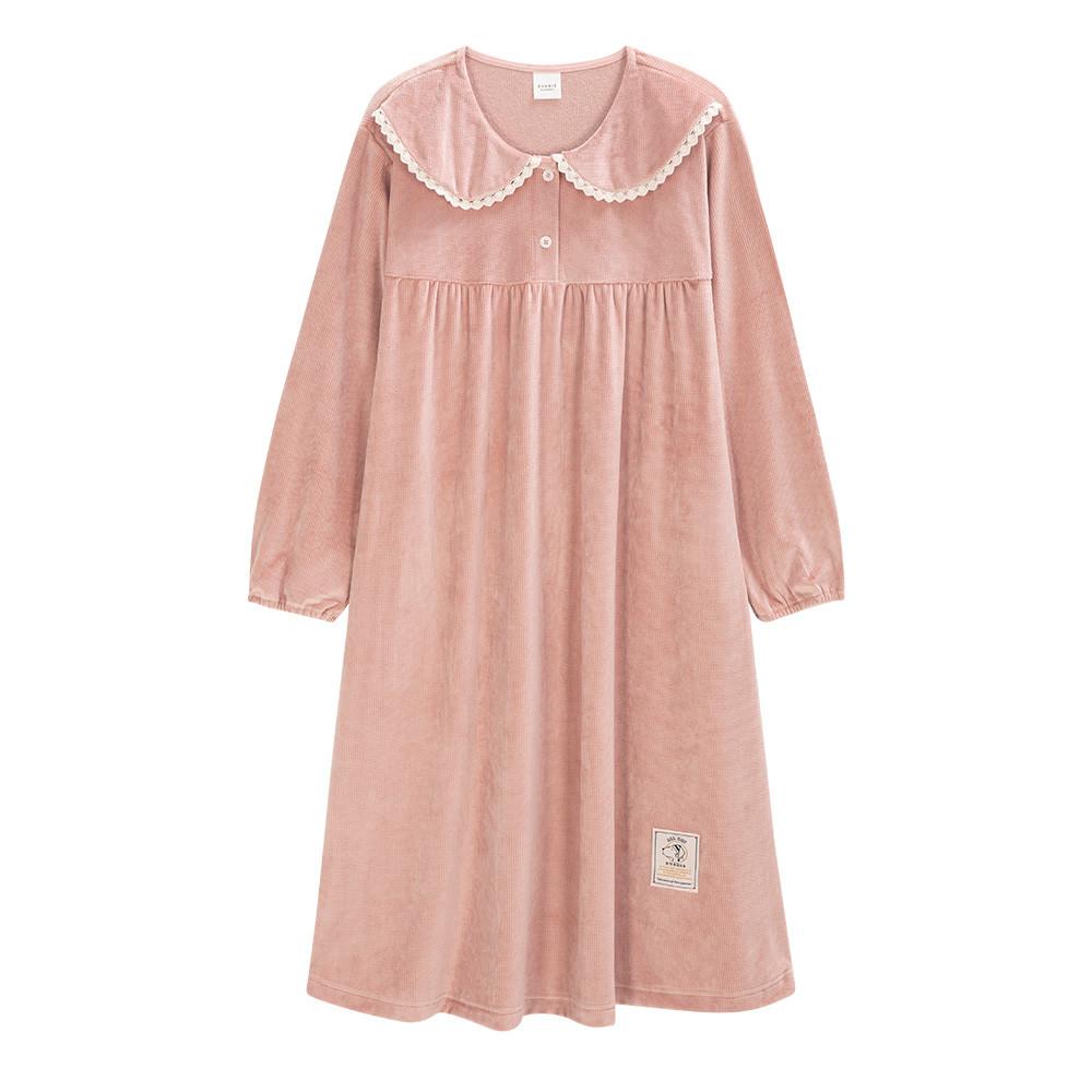 이브니에 윈터타임 핑크 솔리드 여성 극세사 수면 원피스 잠옷 골지스판