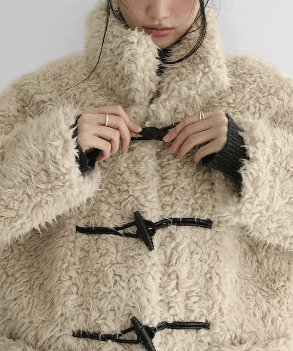 노스턴 오버핏 부클 퍼 미디 더플 코트