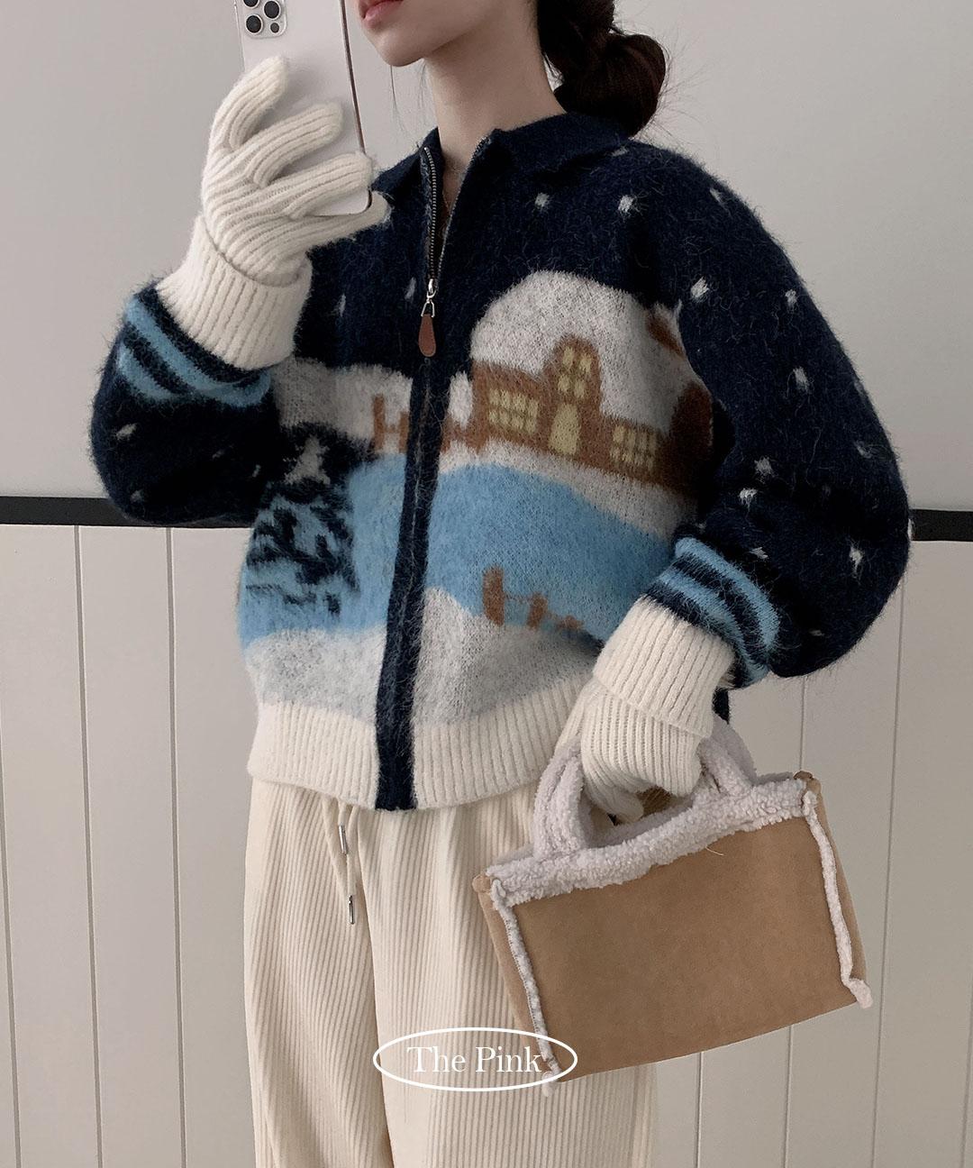 더핑크 [모헤어/도톰] 포빙 루즈핏 노르딕 앙고라 니트 집업