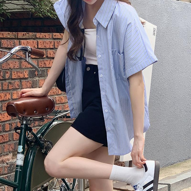 아뜨랑스 5000장 돌파✨ [반팔] 프렌시 포켓 스트라이프 셔츠 데이트룩,여행룩,마실룩,출근룩,데일리룩,여름셔츠,하객룩,오피스룩,롤업셔츠 bs7731
