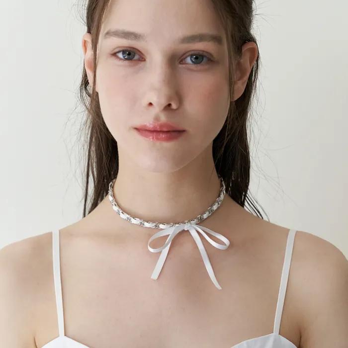 ribbon point chain choker necklace - white