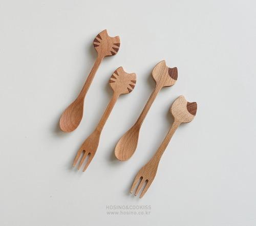우드 고양이 얼굴 스푼 포크