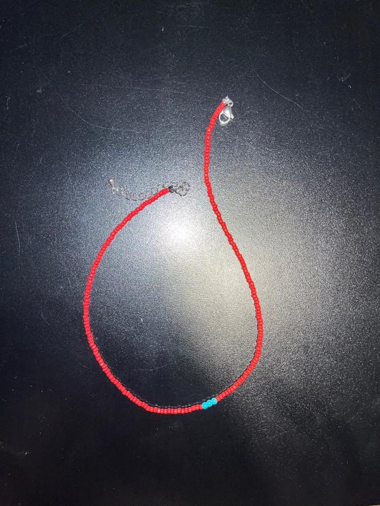 little red beads and blue beads necklace
