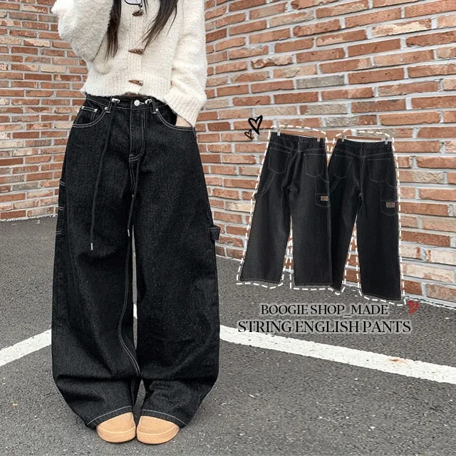 당일배송💕/유니크] 지안 허리 스트링 와이드핏 유니언잭 스티치 패치 롱 데님팬츠