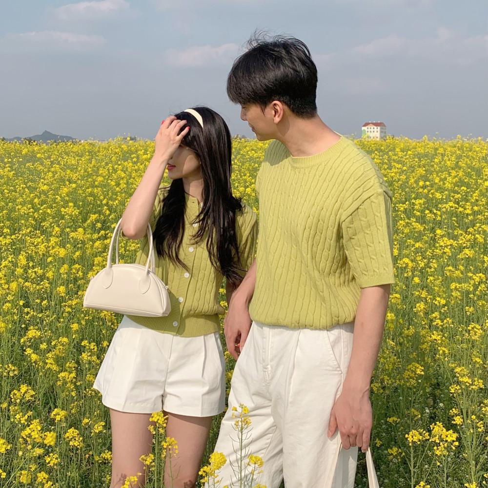 여름 신혼여행 제주도 데이트 꽈배기 라운드 반팔 가디건 커플시밀러룩