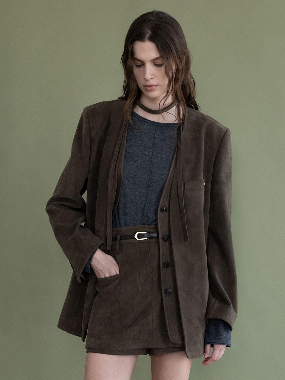 Faux Suede Collarless Layered Jacket SL5XJ938-B8