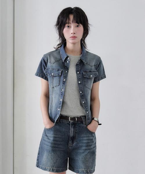 [W]Western Slim Denim Short Shirts DCWSH002BlueA