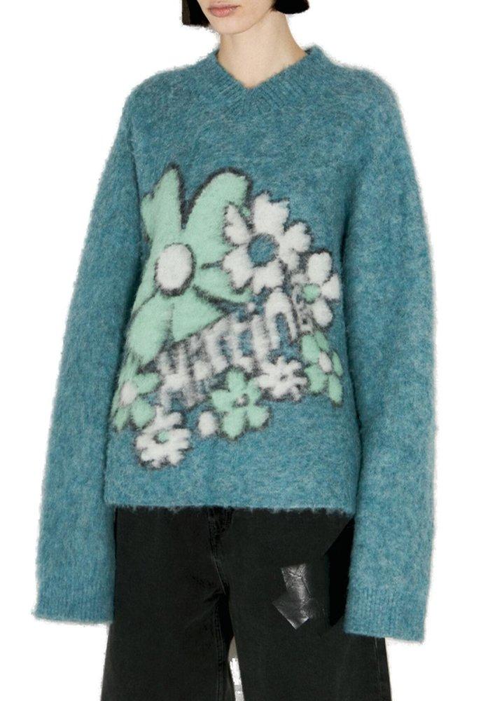 Martine Rose Floral-Intarsia Brushed V-Neck Jumper