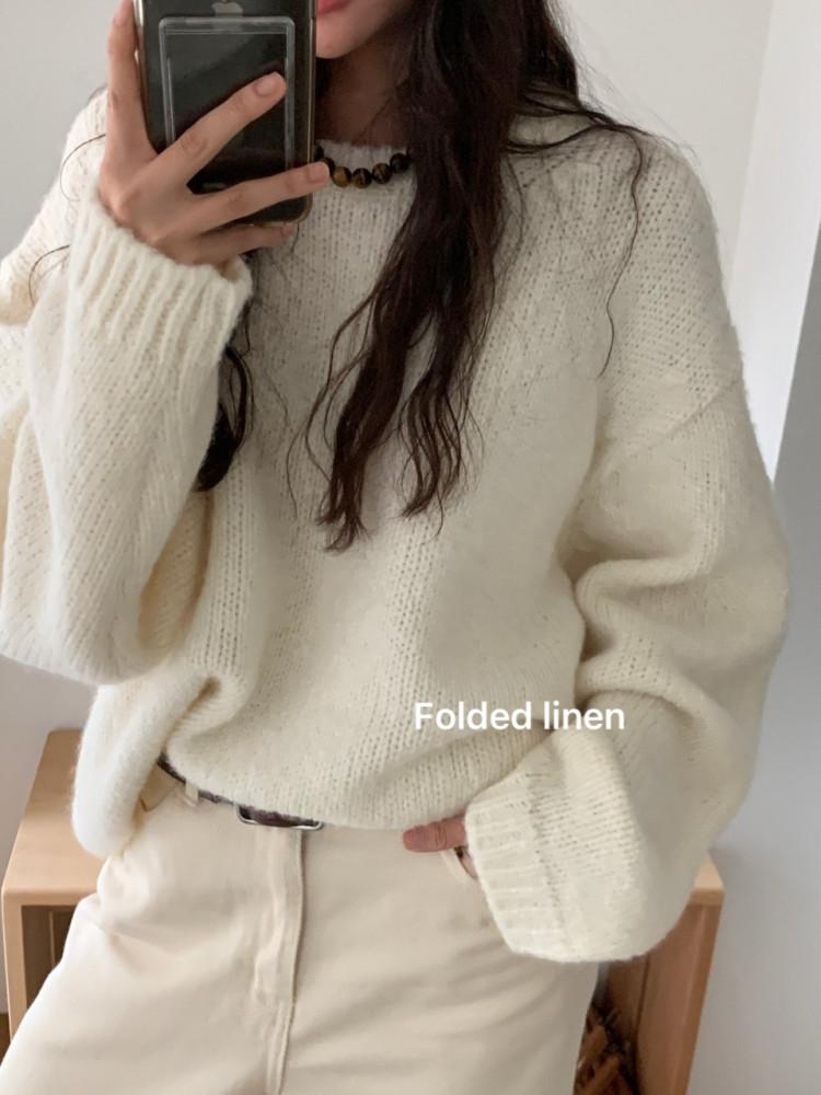 (아,회당일)Vasil 바질 밴드 니트 라운드넥 박시루즈핏 알파카 울 니트(3color)