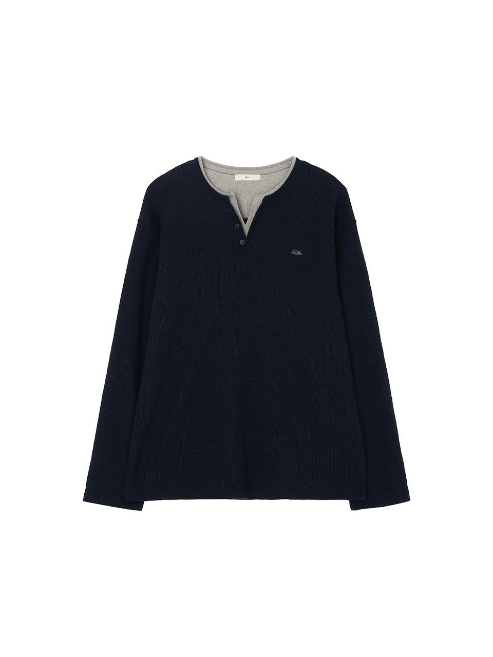 KIJUN - DOUBLE LAYERED HENRY NECK LONG SLEEVE TEE (NAVY)