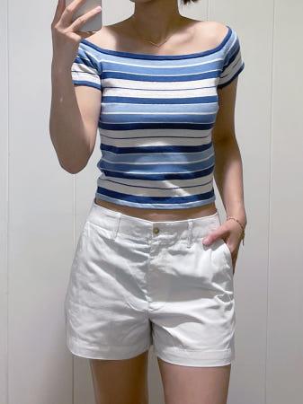 이런 상품 어때요? 25SS 로렌랄프로렌 여성 오프숄더 블루 멀티 스트라이프 린넨 코튼 반팔 니트 스웨터