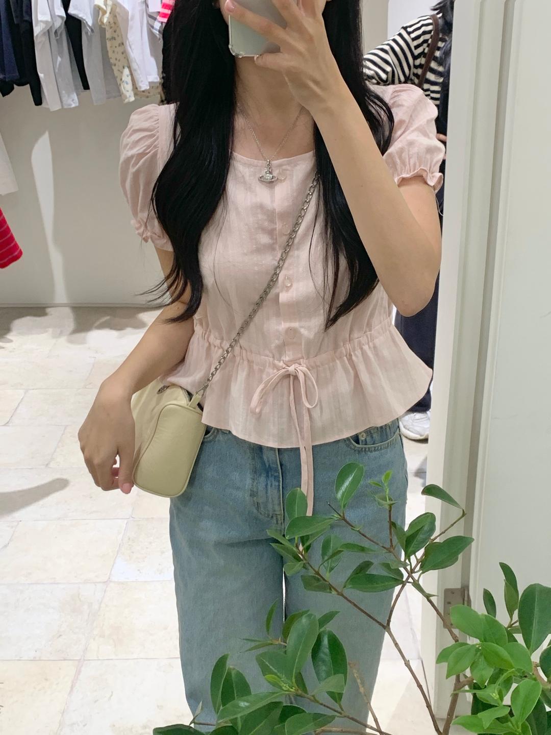 루앤메리 [🎀MADE/당일발송] 소르베 블라우스 (2col), 여성 허리끈 셔링 퍼프 반팔 블라우스