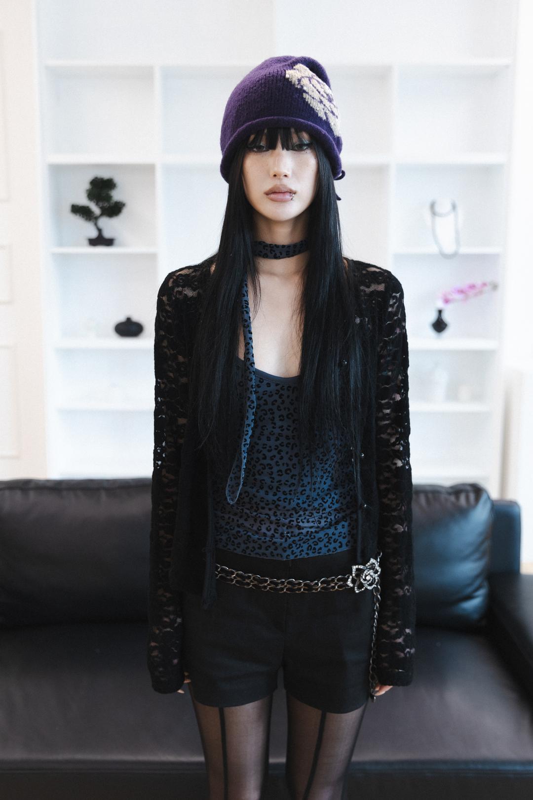 [Sepia] Leopard mesh sleeveless (scarf set) (Blue)