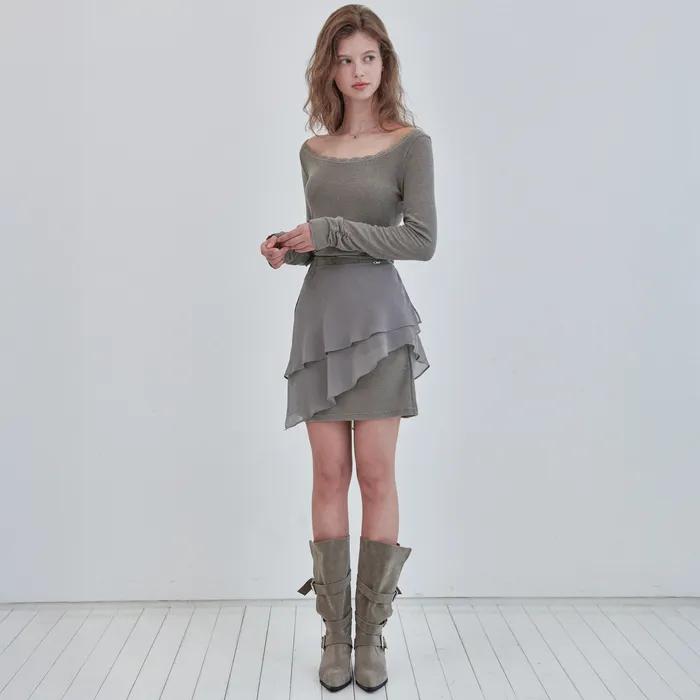 LACE JERSEY MINI DRESS WRAP SKIRT SET_COCOA