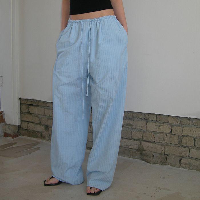 Seersucker Banding Stripe Wide Pants Sky Blue