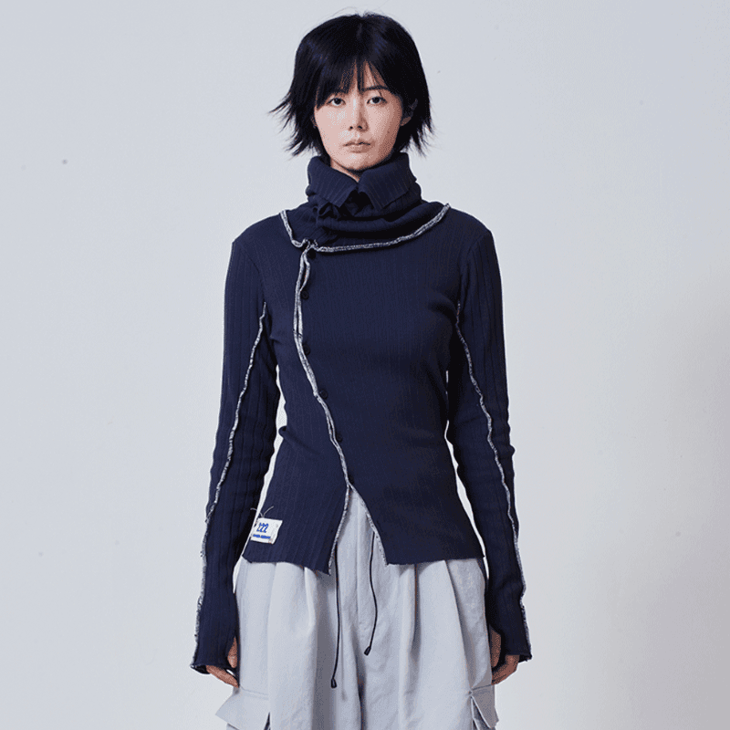 [222] Ruff Cutting High Neck & Off-Shoulder Cardigan - Navy