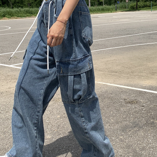 [힙,유니크,핏보장,프리사이즈] 빅포켓 카고 스트링 데님 청팬츠