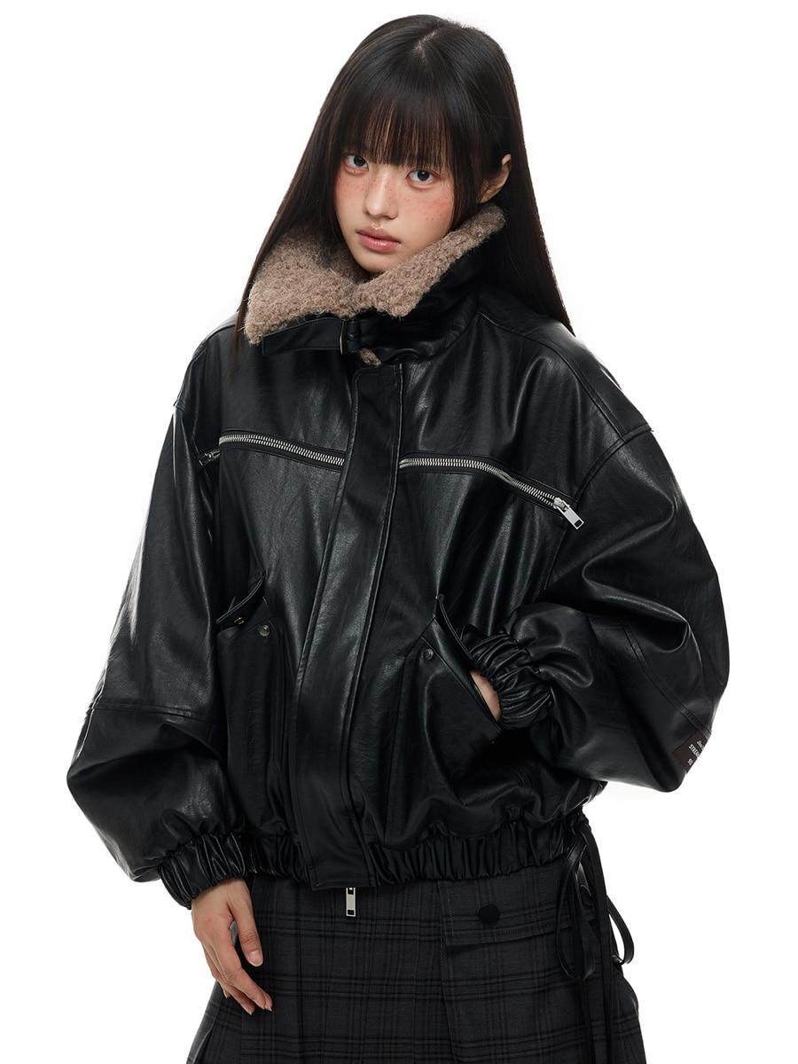 JIKOO Collector Fur Collar Quilting Leather Jacket