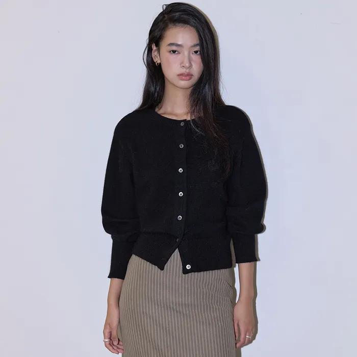 PUFF SLEEVE ANGORA WOOL CARDIGAN BLACK