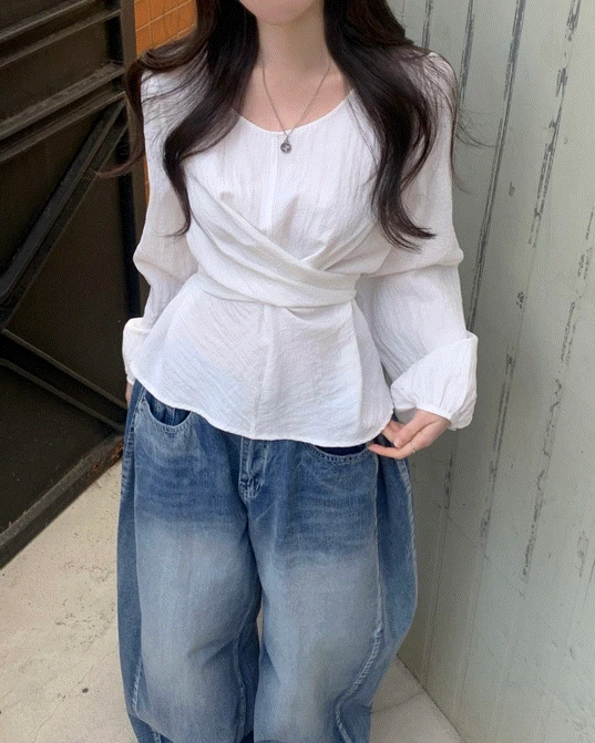 [봄신상🤍/하객룩] 벨르 백리본 꼬임 랩 블라우스 - 3color