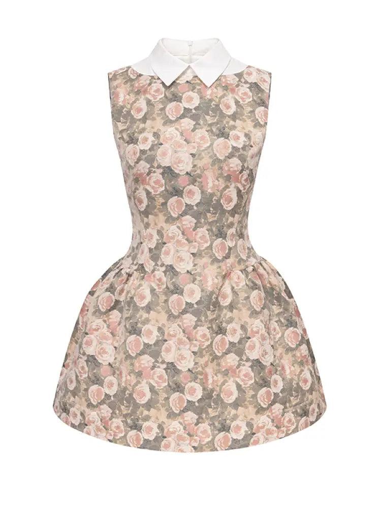 Rose Oil Painting Shirt Collar Sleeveless Dress【s0000014340】