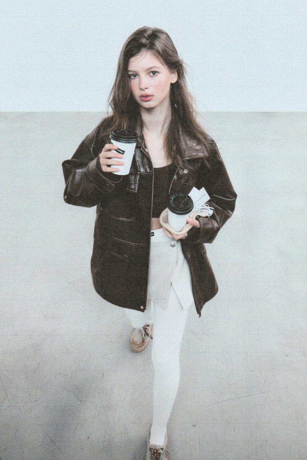 SIGNATURE VEGAN LEATHER JACKET (BROWN)