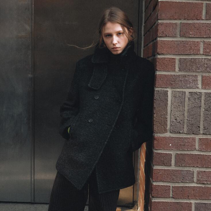 HOURGLASS WOOL DOUBLE PEA COAT / CHARCOAL