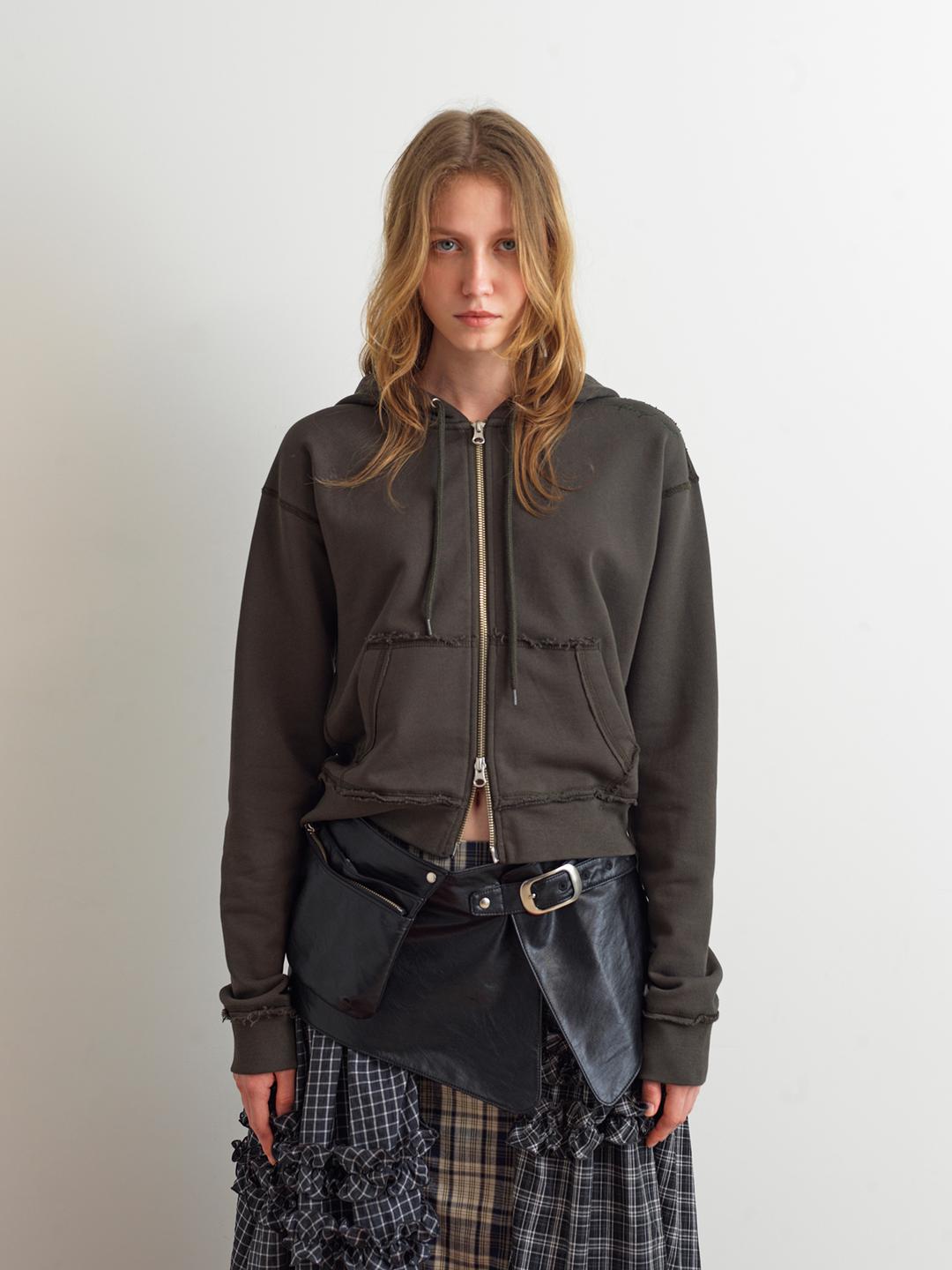 RAW CUT HOODIE ZIP-UP - DARK KHAKI