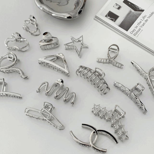 [15종] 유니크 실버 메탈 y2k 꼬임 사각 별 반묶음 올림머리 헤어 집게핀 모음