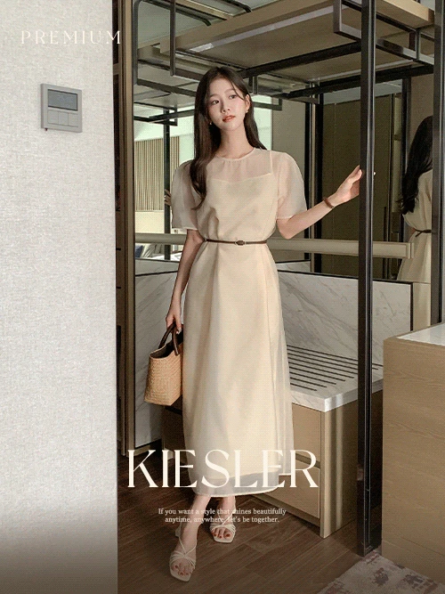 [Premium/나시슬립set]키슬러 라운드 오간자 반팔 H라인 롱 원피스(오간자/쉬머룩)