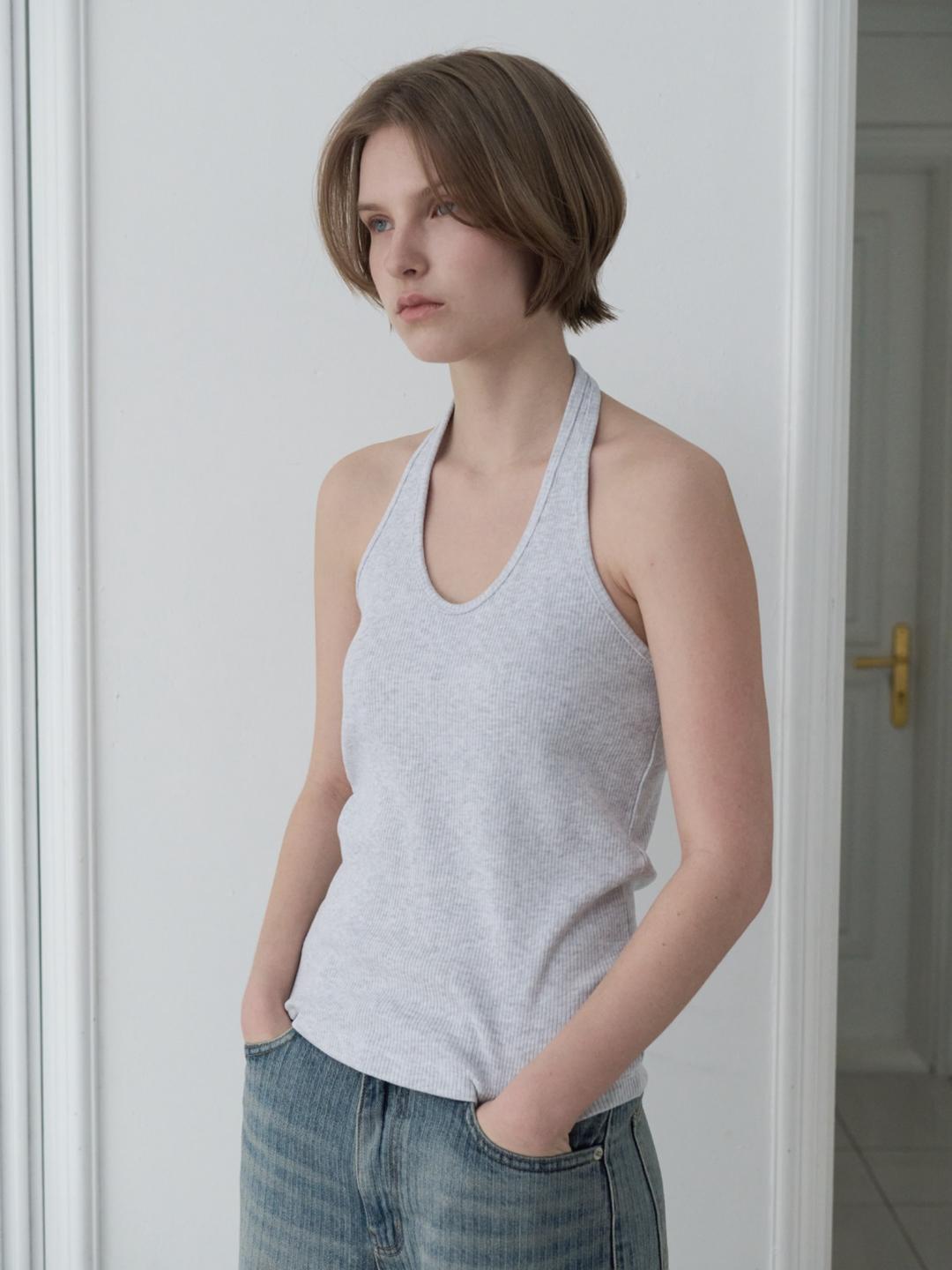 Label Ribbed Halter Neck Top (White melange)