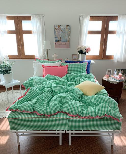 [깅엄체크 에버그린 쁘띠프릴y] 차렵이불 세트 (30수 워싱멜란 선염면, 60수 워싱아사/S,Q,K)