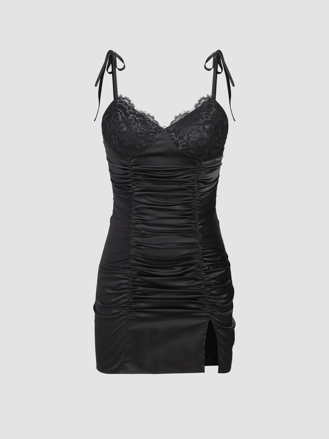 새틴 레이스 트림 매듭 셔링 장식 미니 원피스