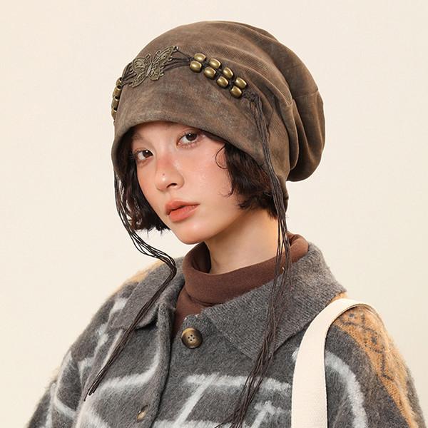 American retro tie-dye tassel beaded pile hat(4color)