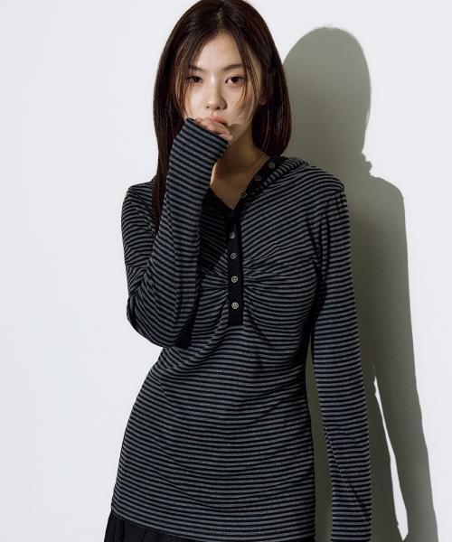 릴렉서 후디 버튼 롱 슬리브 [스트라이프]