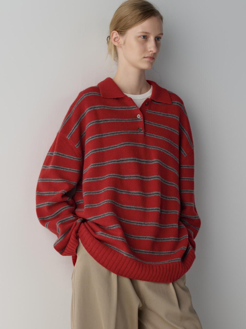 캐시미어 스트라이프 카라 니트_red